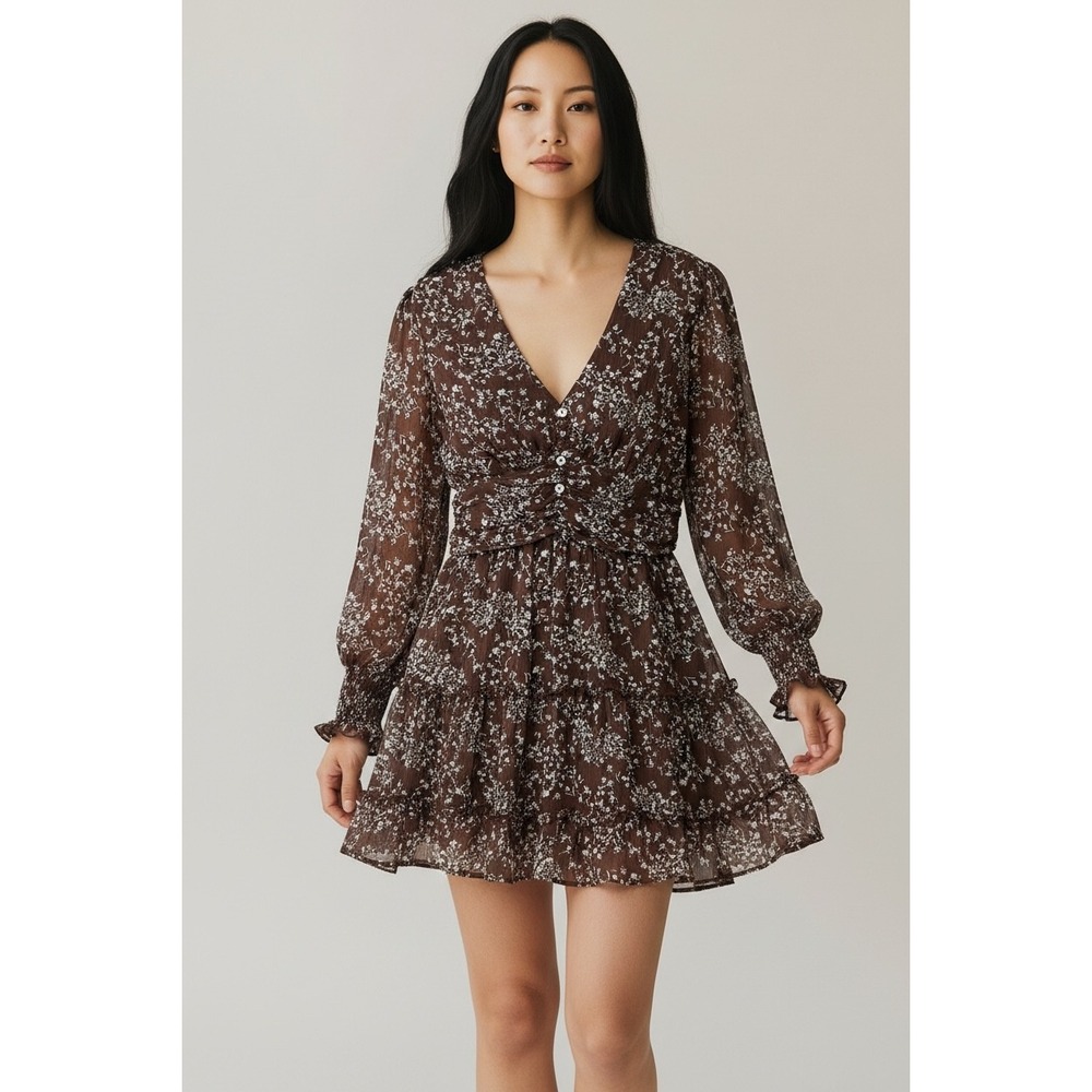 Indulge in Style‎ Brown Floral Long Sleeve Mini Dress Smocked Tiered Ruffle XL
